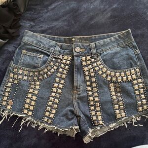 Afghan Embellished Dark Blue Denim Cutoff Shorts - Brazilian size 40 US M 28